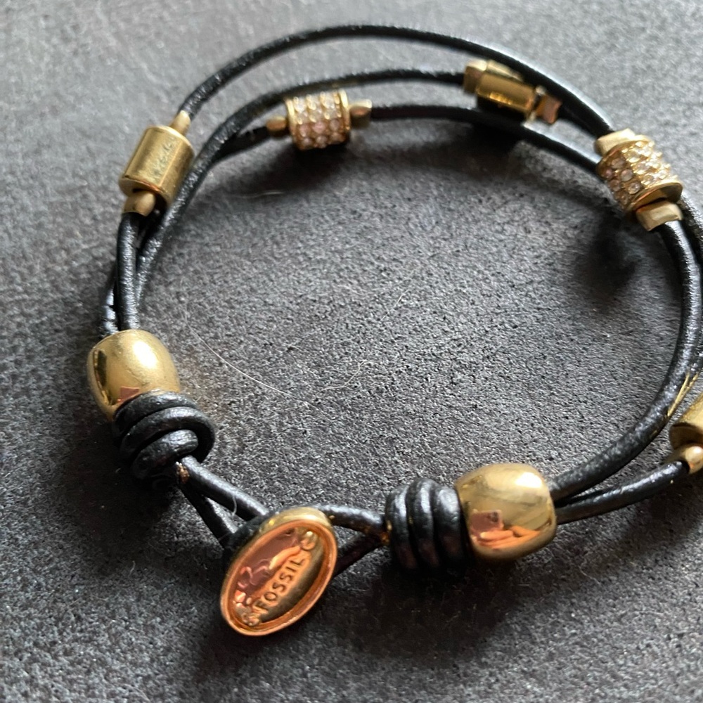 Fossil black and gold leather bracelet